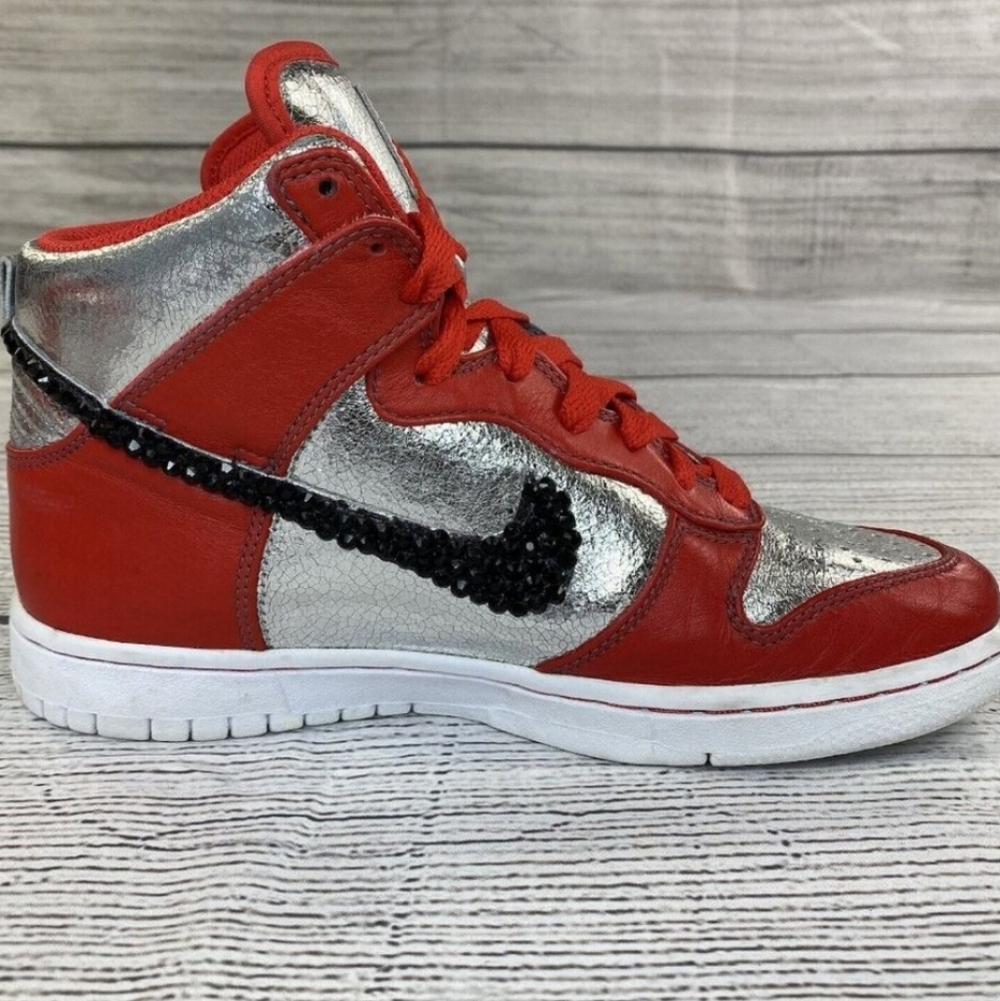 Nike Women's Red Black and Silver Rhinestone High-Top Sneakers